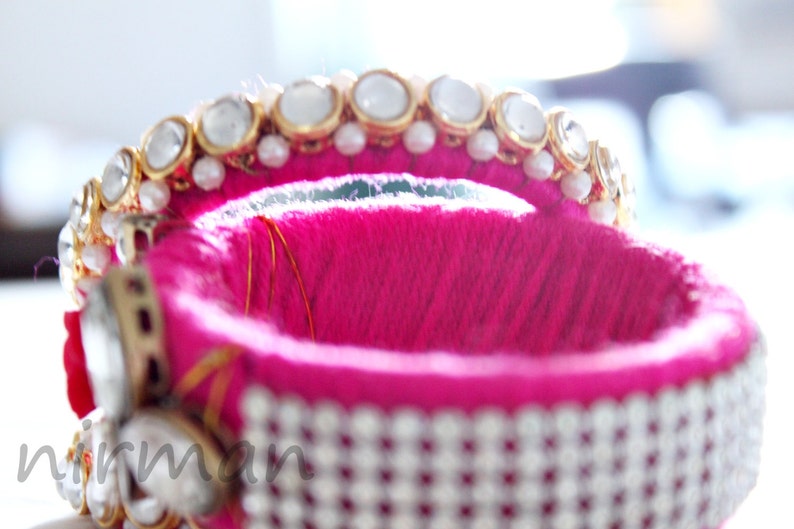 Set of 3 Medium size bangles Pink Handmade wool bangle bracelets, gold embroidery wrist cuff bracelet Indian wedding decor BA00060 image 4