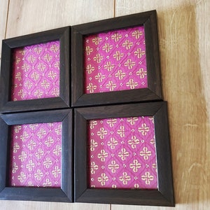 Framed fabric coaster in green or pink silk borcade fabric, Indian henna inspired image 6