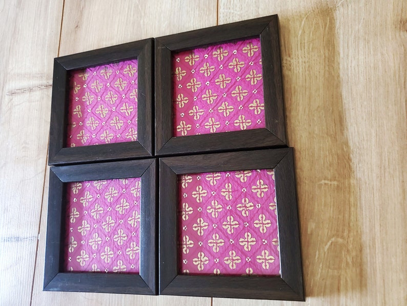 Framed fabric coaster in green or pink silk borcade fabric, Indian henna inspired image 6