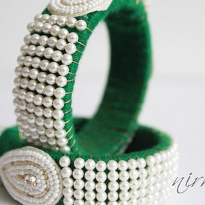 Indian wedding bangle Single GREEN Hand knit bangle bracelet wool jewelry, green with pearl / beads, rhinestone wrist cuff bracelet BA00020 image 2