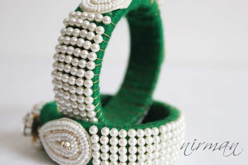 Indian wedding bangle Single GREEN Hand knit bangle bracelet wool jewelry, green with pearl / beads, rhinestone wrist cuff bracelet BA00020 image 2