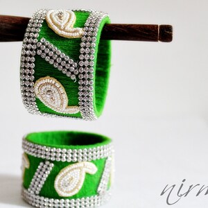 Indian bangle wedding Single GREEN Hand knit bangle bracelet, wool jewelry, with white pearl / beads, rhinestone wrist cuff bracelet BA00008 image 4