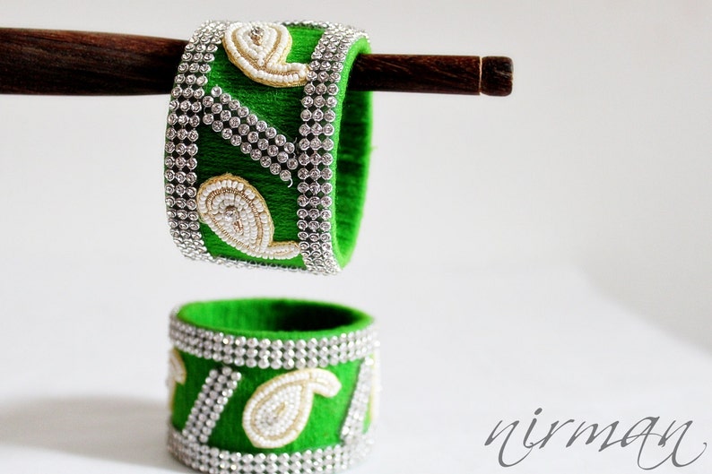 Indian bangle wedding Single GREEN Hand knit bangle bracelet, wool jewelry, with white pearl / beads, rhinestone wrist cuff bracelet BA00008 image 4
