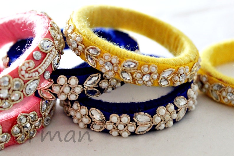 Set of 2 Small size in Pink/ Yellow/ Blue Handmade wool bangle bracelets, gold embroidery wrist cuff bracelet Indian wedding decor BA00053 image 5