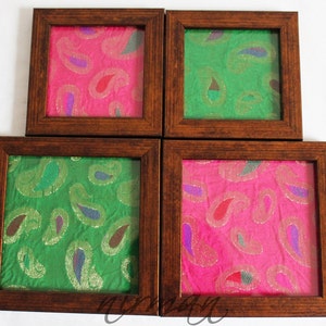 Framed fabric coaster in green or pink silk borcade fabric, Indian henna inspired image 4