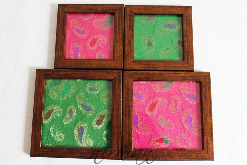 Framed fabric coaster in green or pink silk borcade fabric, Indian henna inspired image 4
