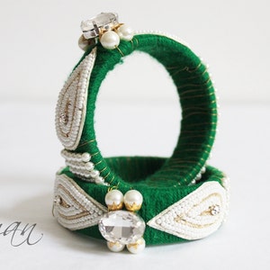 Indian wedding bangle Single GREEN Hand knit bangle bracelet wool jewelry, green with pearl / beads, rhinestone wrist cuff bracelet BA00020 image 1