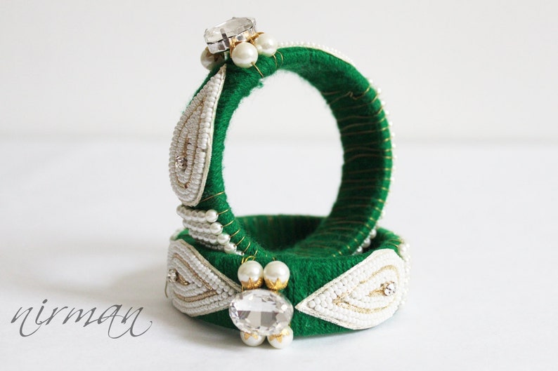 Indian wedding bangle Single GREEN Hand knit bangle bracelet wool jewelry, green with pearl / beads, rhinestone wrist cuff bracelet BA00020 image 1