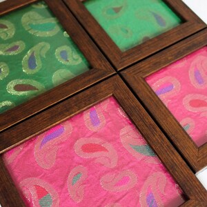 Framed fabric coaster in green or pink silk borcade fabric, Indian henna inspired image 3