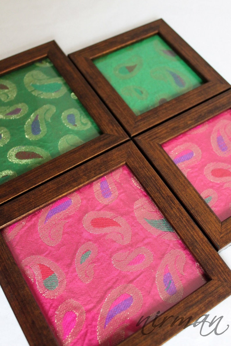 Framed fabric coaster in green or pink silk borcade fabric, Indian henna inspired image 3