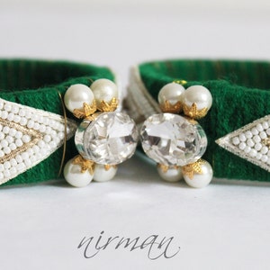 Indian wedding bangle Single GREEN Hand knit bangle bracelet wool jewelry, green with pearl / beads, rhinestone wrist cuff bracelet BA00020 image 3