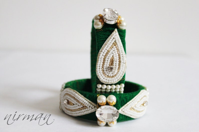 Indian wedding bangle Single GREEN Hand knit bangle bracelet wool jewelry, green with pearl / beads, rhinestone wrist cuff bracelet BA00020 image 5