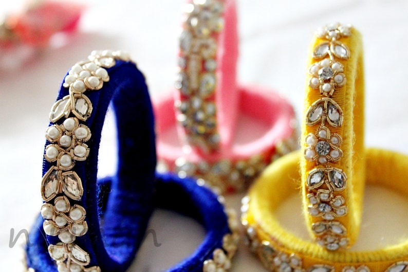 Set of 2 Small size in Pink/ Yellow/ Blue Handmade wool bangle bracelets, gold embroidery wrist cuff bracelet Indian wedding decor BA00053 image 2