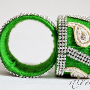 Indian bangle wedding Single GREEN Hand knit bangle bracelet, wool jewelry, with white pearl / beads, rhinestone wrist cuff bracelet BA00008 image 1