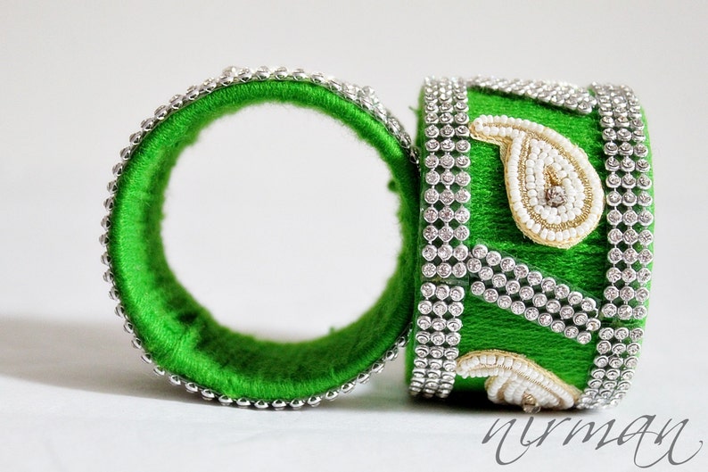 Indian bangle wedding Single GREEN Hand knit bangle bracelet, wool jewelry, with white pearl / beads, rhinestone wrist cuff bracelet BA00008 image 1