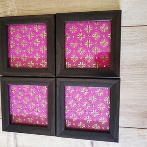 Framed fabric coaster in green or pink silk borcade fabric, Indian henna inspired image 7