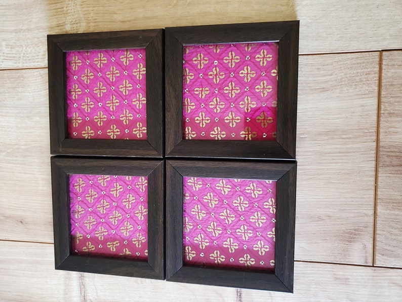 Framed fabric coaster in green or pink silk borcade fabric, Indian henna inspired image 7