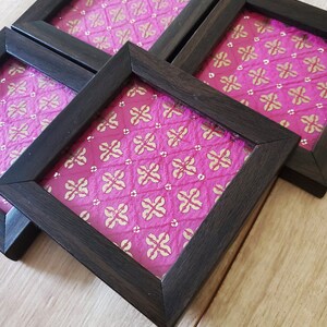 Framed fabric coaster in green or pink silk borcade fabric, Indian henna inspired image 8