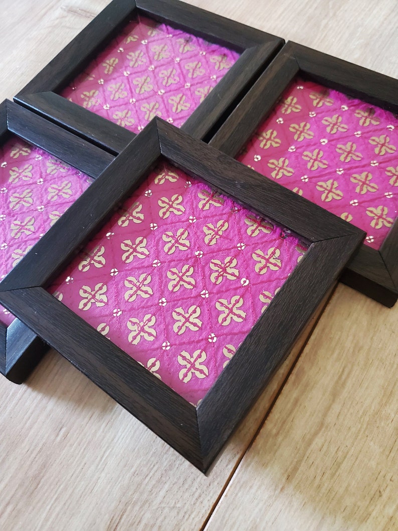 Framed fabric coaster in green or pink silk borcade fabric, Indian henna inspired image 8