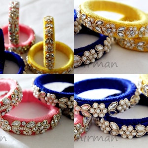 Set of 2 Small size in Pink/ Yellow/ Blue Handmade wool bangle bracelets, gold embroidery wrist cuff bracelet Indian wedding decor BA00053 image 3