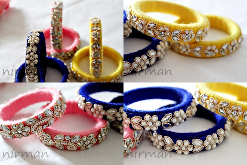 Set of 2 Small size in Pink/ Yellow/ Blue Handmade wool bangle bracelets, gold embroidery wrist cuff bracelet Indian wedding decor BA00053 image 3