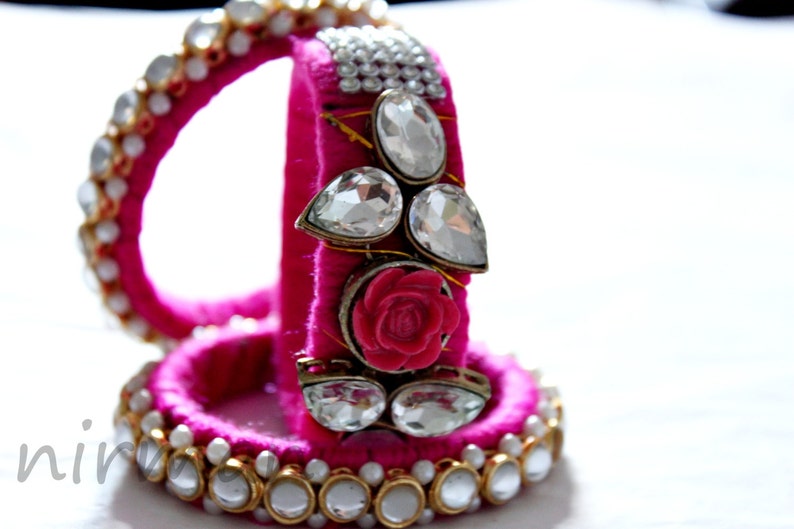 Set of 3 Medium size bangles Pink Handmade wool bangle bracelets, gold embroidery wrist cuff bracelet Indian wedding decor BA00060 image 5