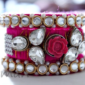 Set of 3 Medium size bangles Pink Handmade wool bangle bracelets, gold embroidery wrist cuff bracelet Indian wedding decor BA00060 image 1