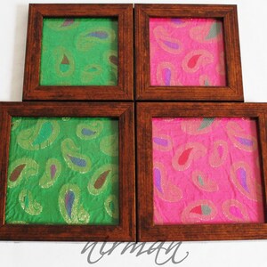 Framed fabric coaster in green or pink silk borcade fabric, Indian henna inspired image 2