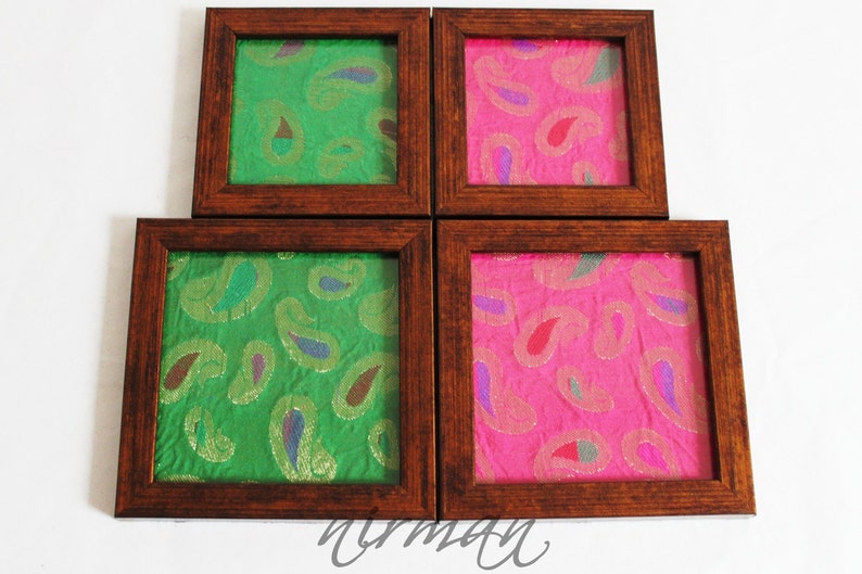 Framed fabric coaster in green or pink silk borcade fabric, Indian henna inspired image 2