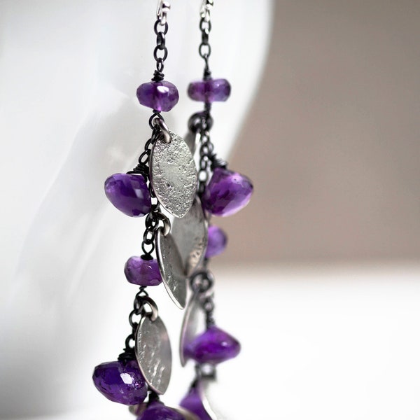 Wisteria Earrings (faceted purple amethyst gemstones. antique sterling silver dangle earrings. oxidized textured leaf. nature jewelry ) #1