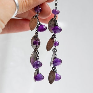 Wisteria Earrings (faceted purple amethyst gemstones. antique sterling silver dangle earrings. oxidized textured leaf. nature jewelry ) #22
