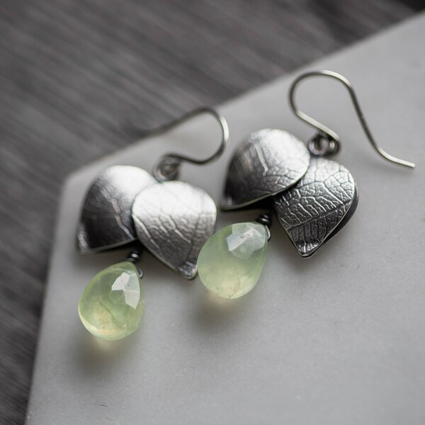 Tending Earrings ( soft green prehnite gemstones. antique sterling silver dangle earrings. oxidized green nature jewelry ) #14