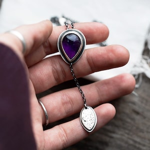 Morning Glory Necklace (smooth purple amethyst gemstone. lariat pendant. antique sterling silver. oxidized tree leaf. nature jewelry ) #13