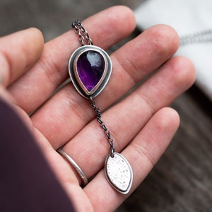 Morning Glory Necklace (smooth purple amethyst gemstone. lariat pendant. antique sterling silver. oxidized tree leaf. nature jewelry ) #17