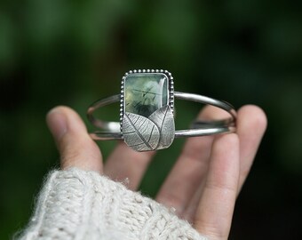 Shady Grove Bracelet ( prehnite gemstone cuff bracelet. antique sterling silver. real leaf print. oxidized polished. )