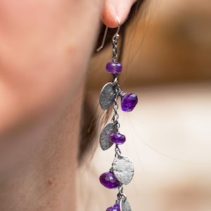 Wisteria Earrings (faceted purple amethyst gemstones. antique sterling silver dangle earrings. oxidized textured leaf. nature jewelry ) #14