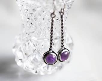 Enduring Vine Earrings (smooth purple amethyst gemstones. antique sterling silver dangle earrings. oxidized vine twist. nature jewelry ) #21