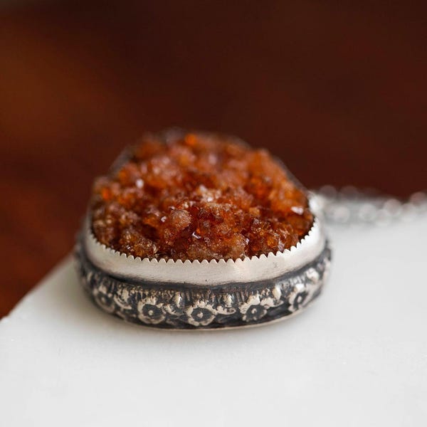 Queen Bee Necklace. (heated citrine crystal. druzy gemstone. sterling silver honeybee impression etching. bee jewelry. summer jewellery.) #2