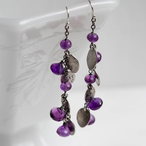 Wisteria Earrings (faceted purple amethyst gemstones. antique sterling silver dangle earrings. oxidized textured leaf. nature jewelry ) #25