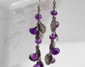 Wisteria Earrings (faceted purple amethyst gemstones. antique sterling silver dangle earrings. oxidized textured leaf. nature jewelry ) #25