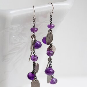 Wisteria Earrings (faceted purple amethyst gemstones. antique sterling silver dangle earrings. oxidized textured leaf. nature jewelry ) #20