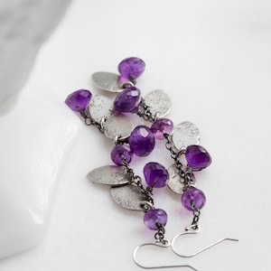 Wisteria Earrings (faceted purple amethyst gemstones. antique sterling silver dangle earrings. oxidized textured leaf. nature jewelry ) #12