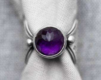 size 7.5 - Harebell Ring (dark purple amethyst. matte double layer textured band. forged pebbles. antique sterling silver. artisan) #18