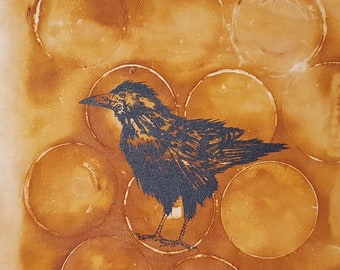 28 x 23 cm screenprinted crow on cloth rust dyed slow dyeing natural eco dye textile art fabric artwork patchwork print stitch book art gift