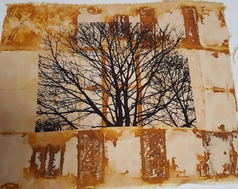 40 x 34 cm screenprinted tree on cloth rust dyed slow dyeing natural eco dye textile art fabric artwork patchwork print stitch book art gift