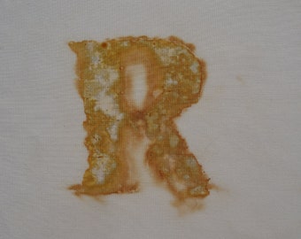 16 x 16 cm rust dyed cloth letter P capital text slow dyeing natural organic eco dyeing textile fabric piece patchwork stitch collage sew