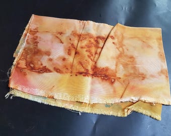 60 x 36 cm synthetic dye and rust dyed fabric with sheen. Main colour yellow.