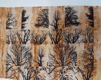 59 x 35 cm screenprinted tree on cloth rust dyed slow dyeing natural eco dye textile art fabric artwork patchwork print stitch book art gift