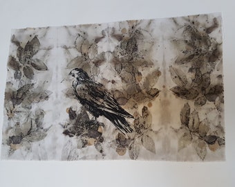 47 x 29 cm screenprinted crow bird cloth rust dyed slow dyeing natural eco dye textile art fabric artwork patchwork print stitch book gift