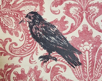 Screenprinted Crow on Patterned Fabric, Textile Art